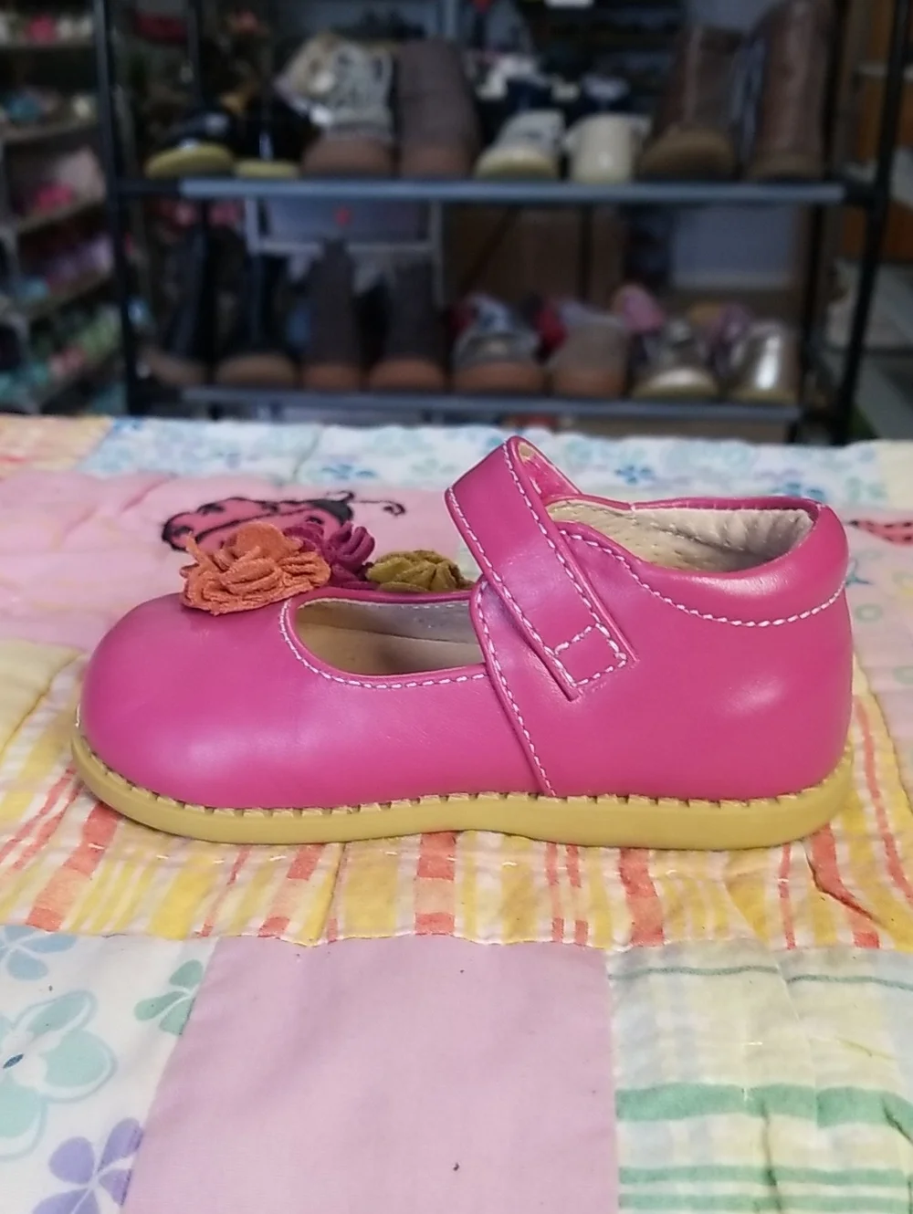 Livie & Luca Bright Pink Leather Mary Jane Shoes with Multicolor Suede Flowers 5